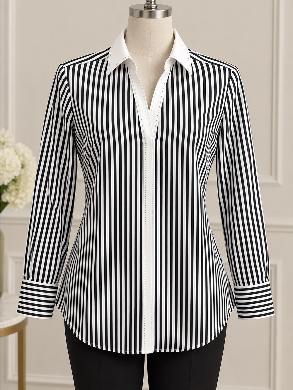 Foxcroft NYC Heritage Non-Iron black white striped tunic shirt size 14